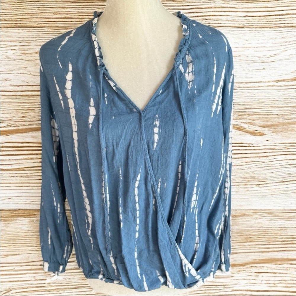 Knox Rose Blue and White Pattern Faux Wrap Blouse